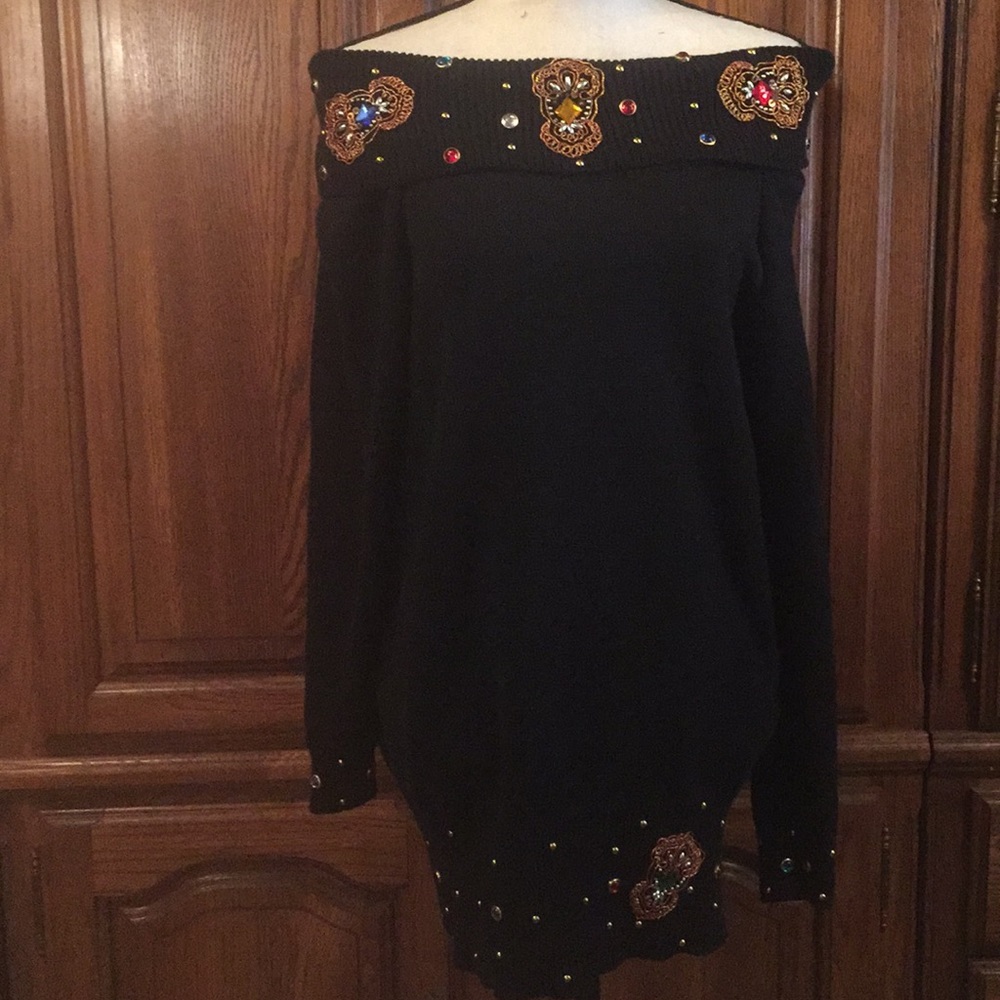 Vintage Suzy T Black Bejeweled Sweater Dress